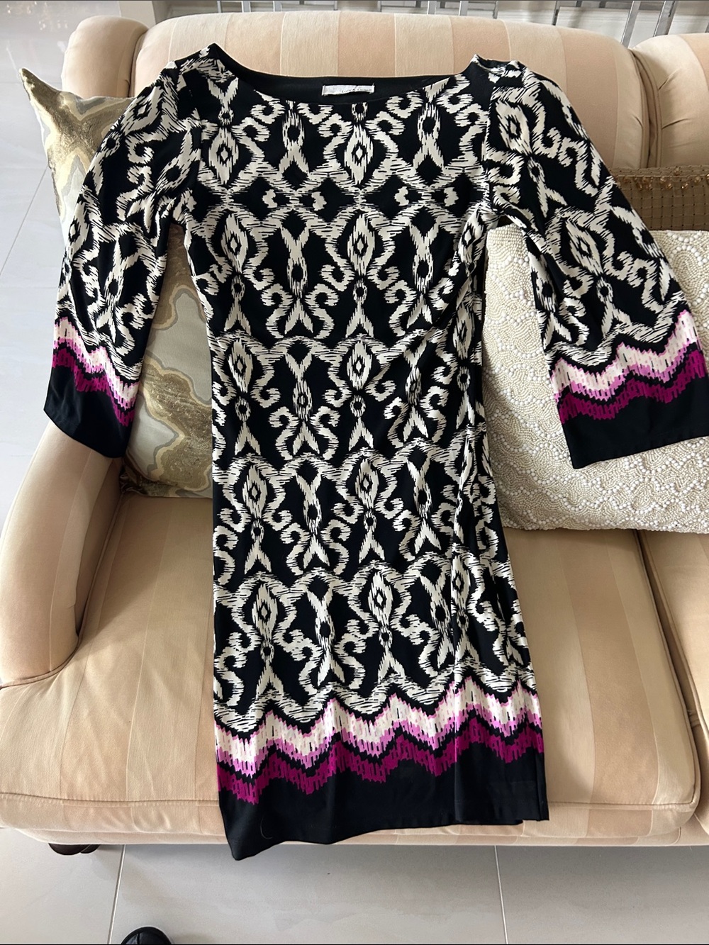 Black & Ivory Ikat-Print Mini Dress with Pink Accents